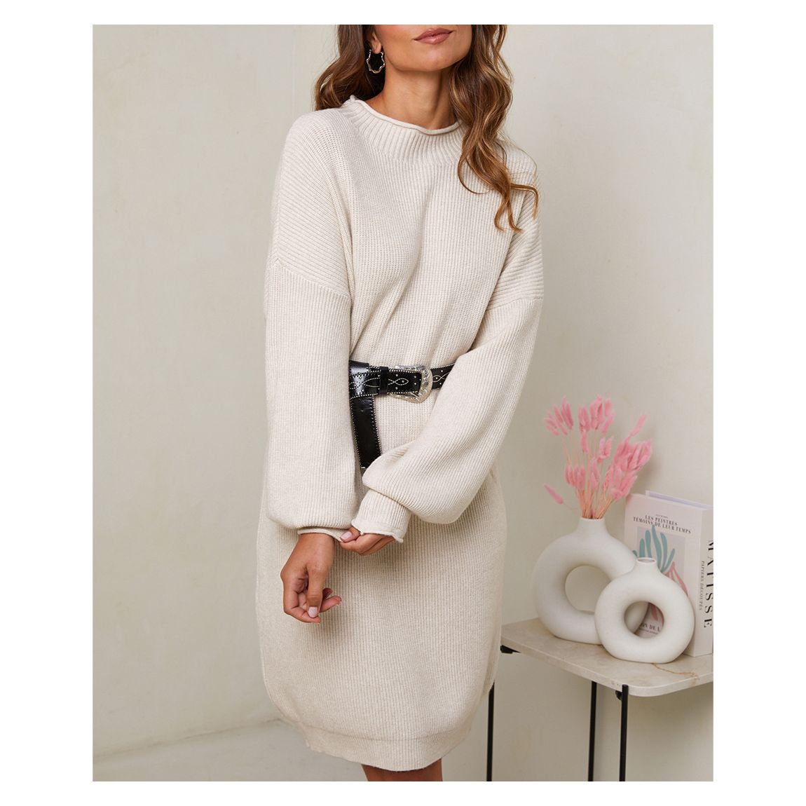 Cream Cashmere Blend Funnel Neck Dress main product photo