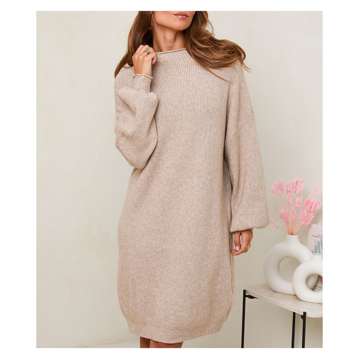 Camel Cashmere Blend Funnel Neck Dress main product photo
