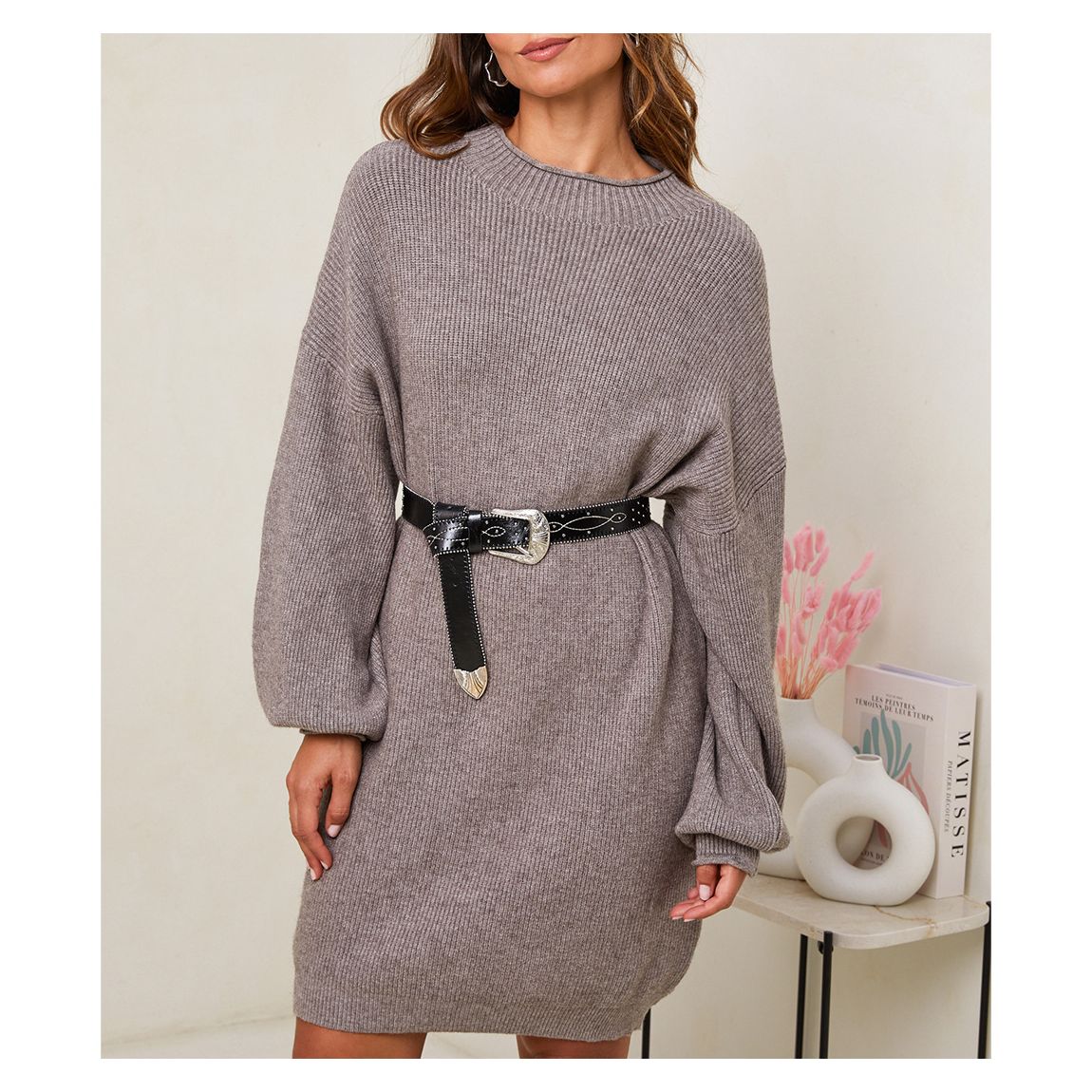 Grey Cashmere Blend Funnel Neck Dress main product photo