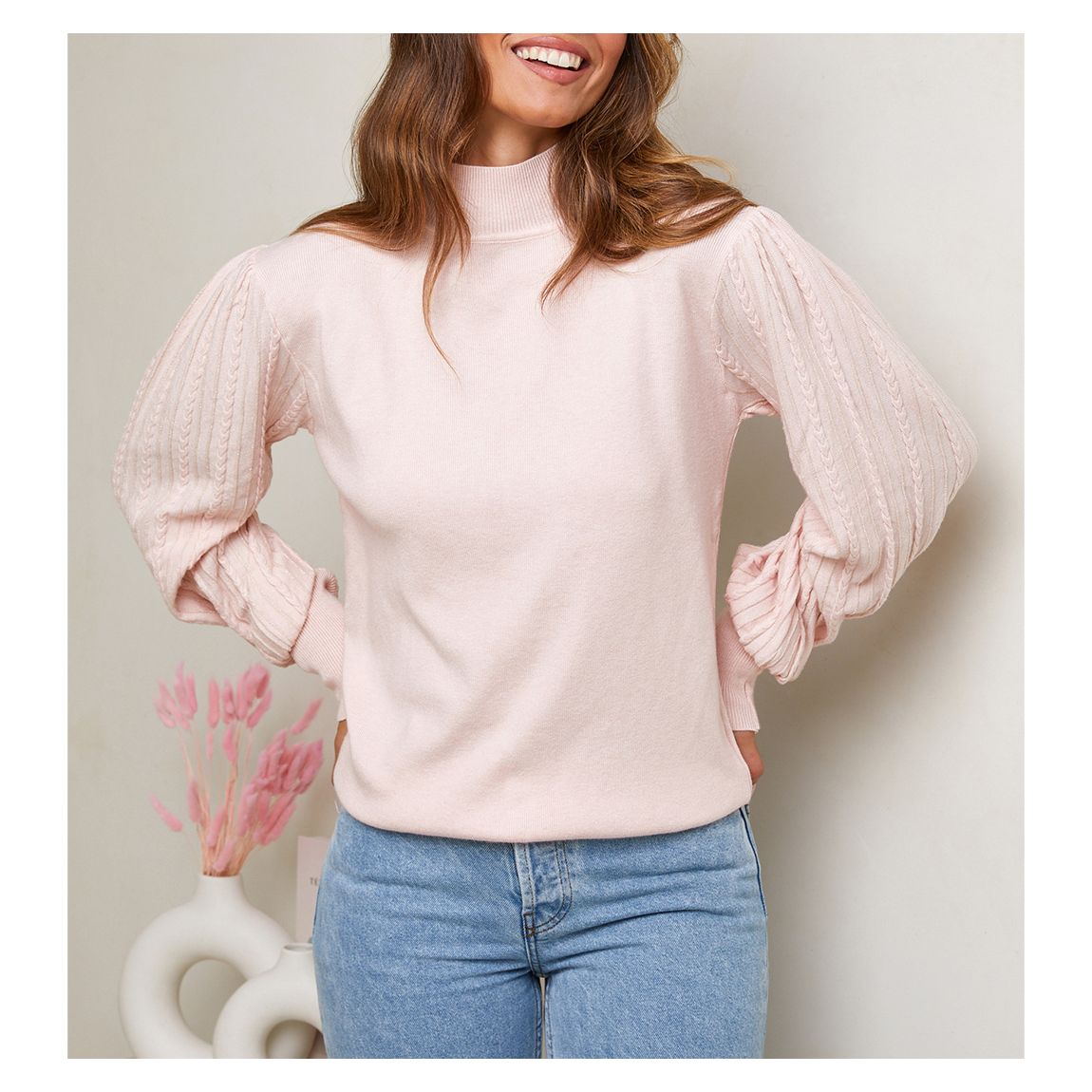Pale Pink Cashmere Blend Cable Sleeve Jumper main product photo