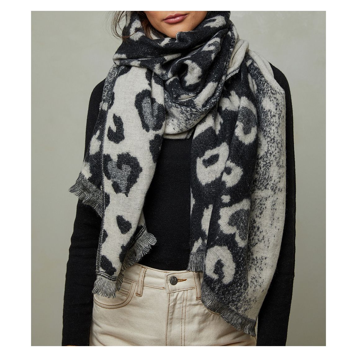 Grey Wool Blend Leopard Print Scarf main product photo
