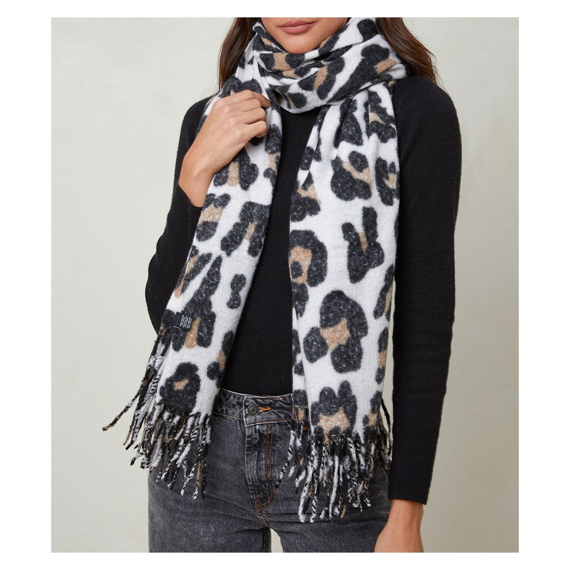 White Wool Blend Leopard Tassel Scarf main product photo