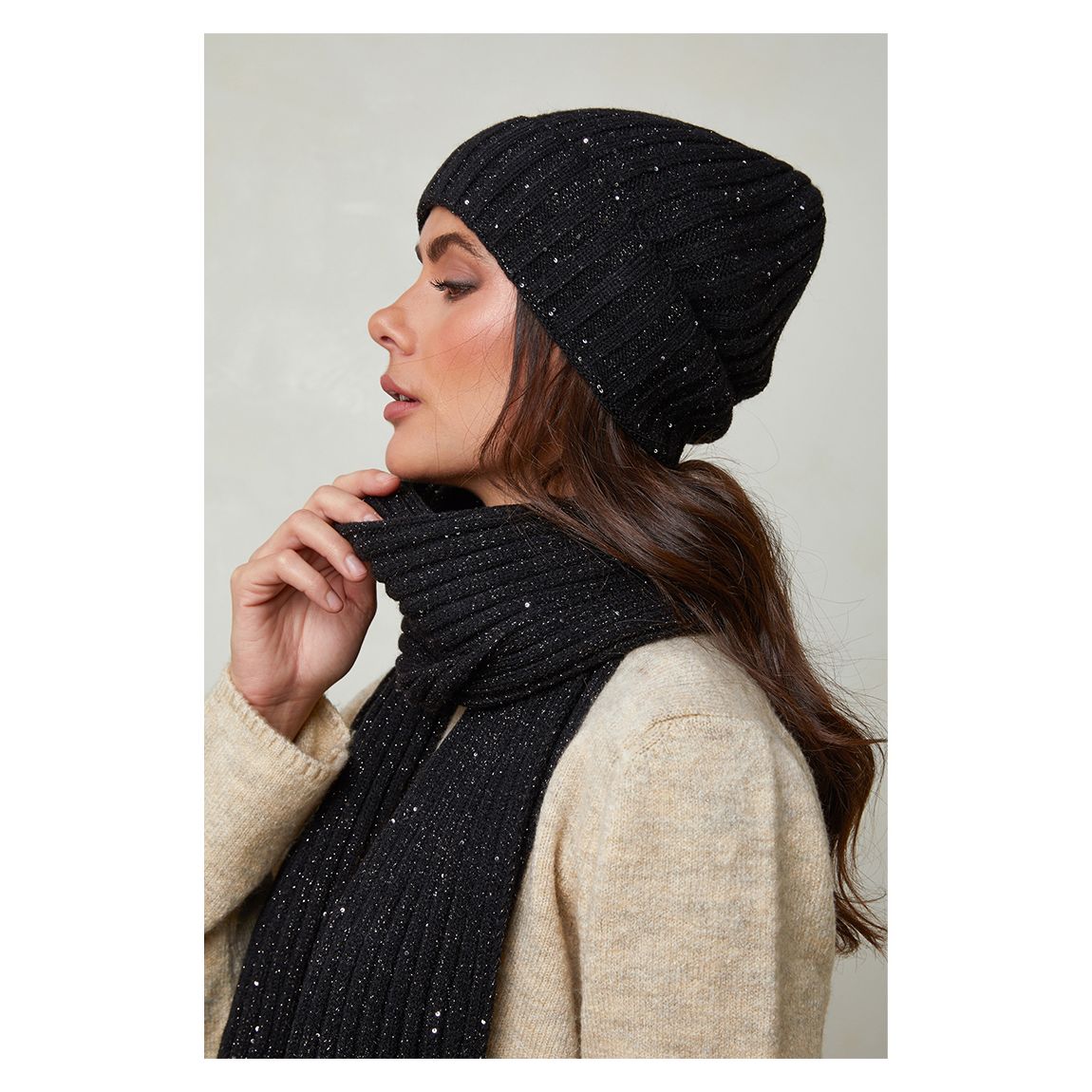 Black Wool Blend sequin Hat & Scarf Set main product photo