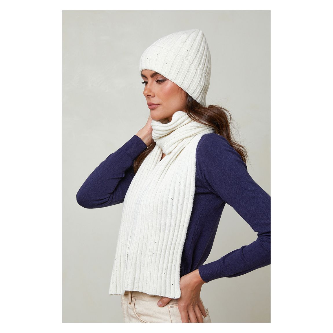 White Wool Blend Sequin Hat & Scarf Set main product photo