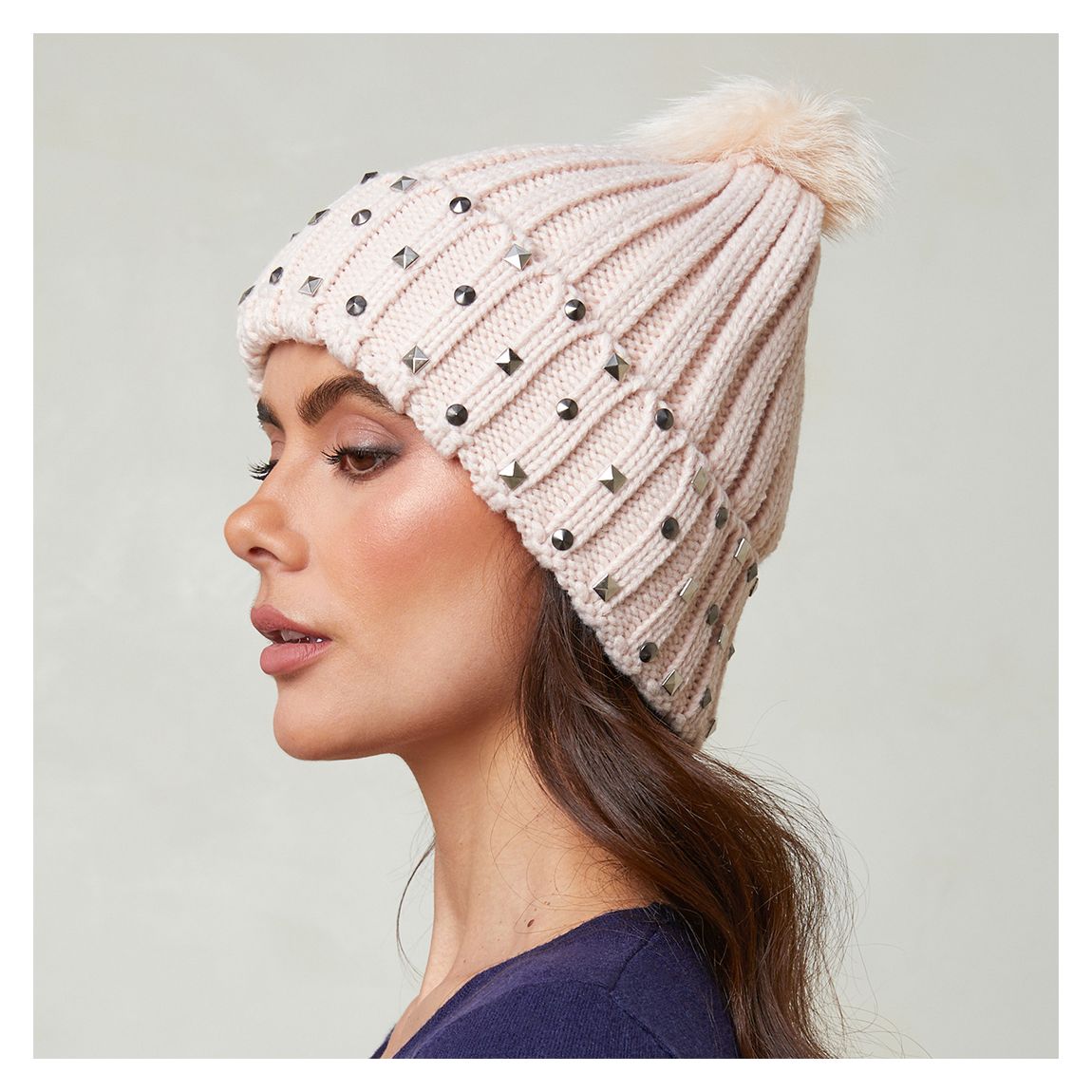 Pale Pink Wool Blend Studded Bobble Hat main product photo