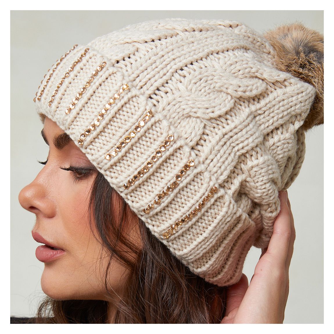 Beige Wool Blend Diamante Cable Hat main product photo