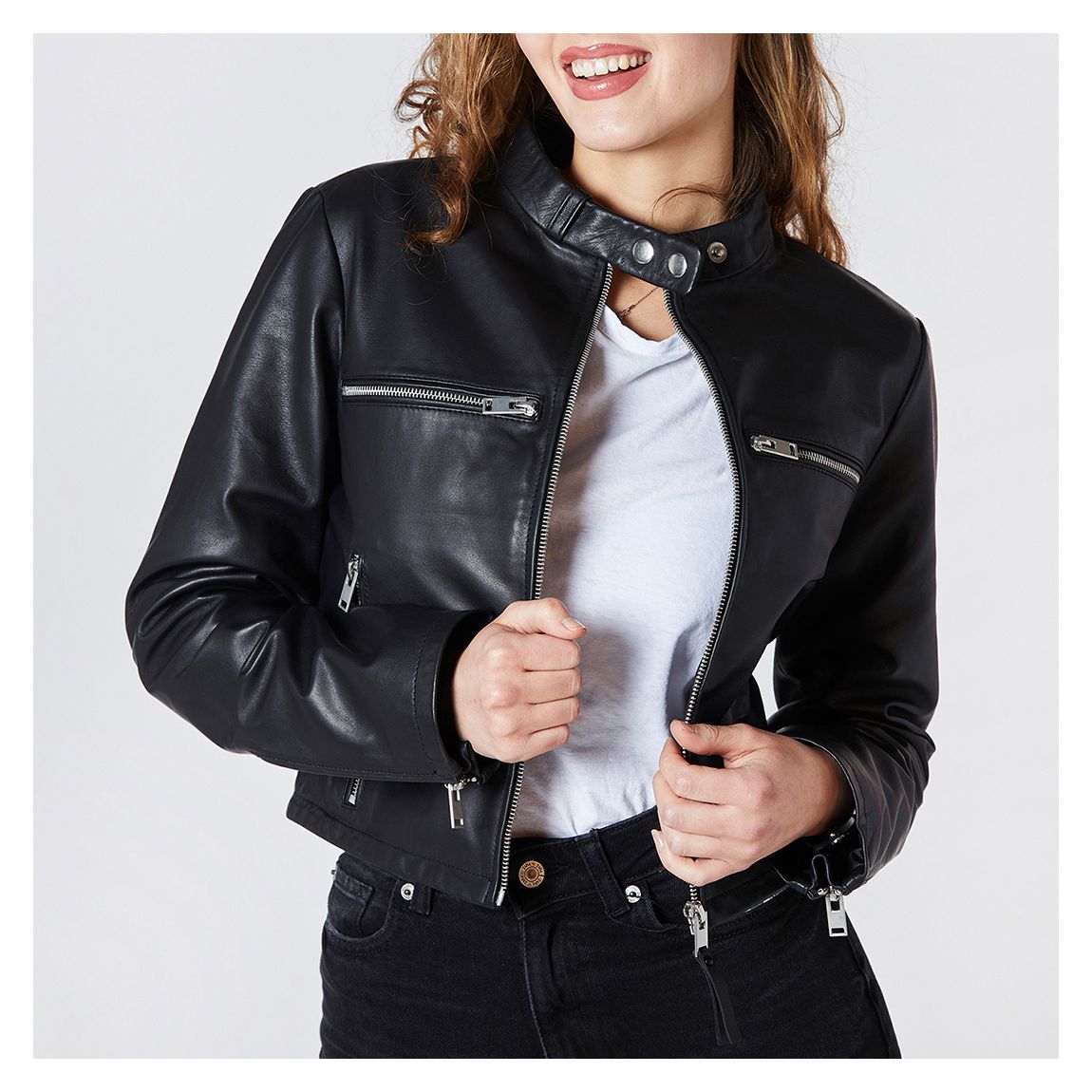 Black Crop Leather Racer Jacket main product photo