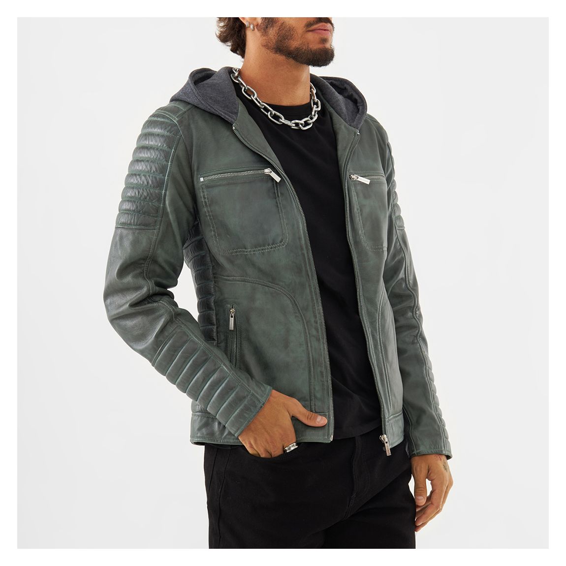 Washed Green Hooded Leather Racer Jacket main product photo