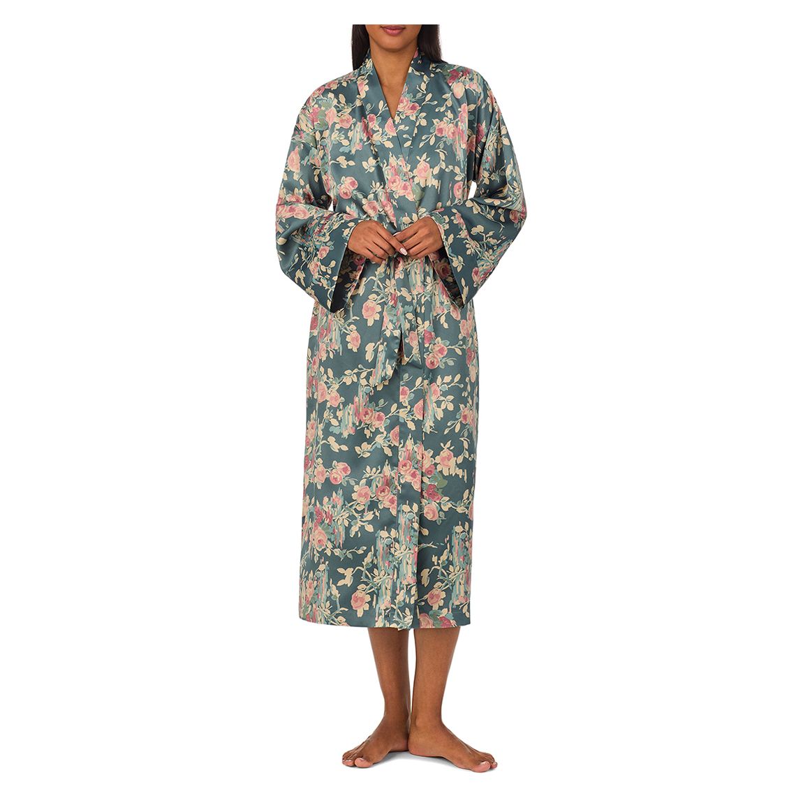 Blue Floral Satin Long Kimono Robe main product photo