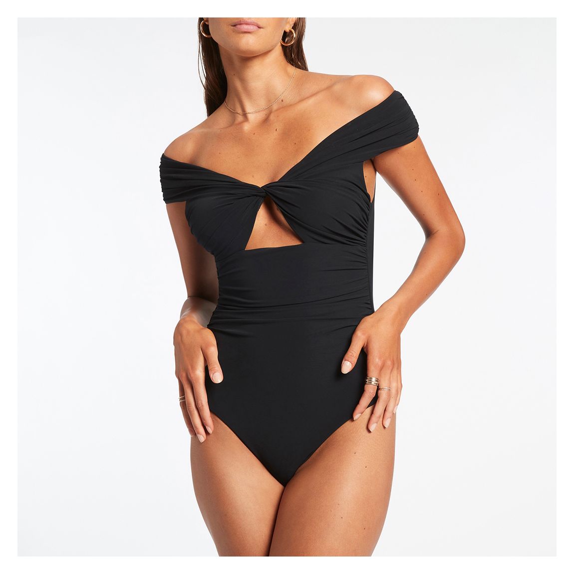 Black Jetset Jetset Twist Off Shoulder One Piece Swimsuit main product photo