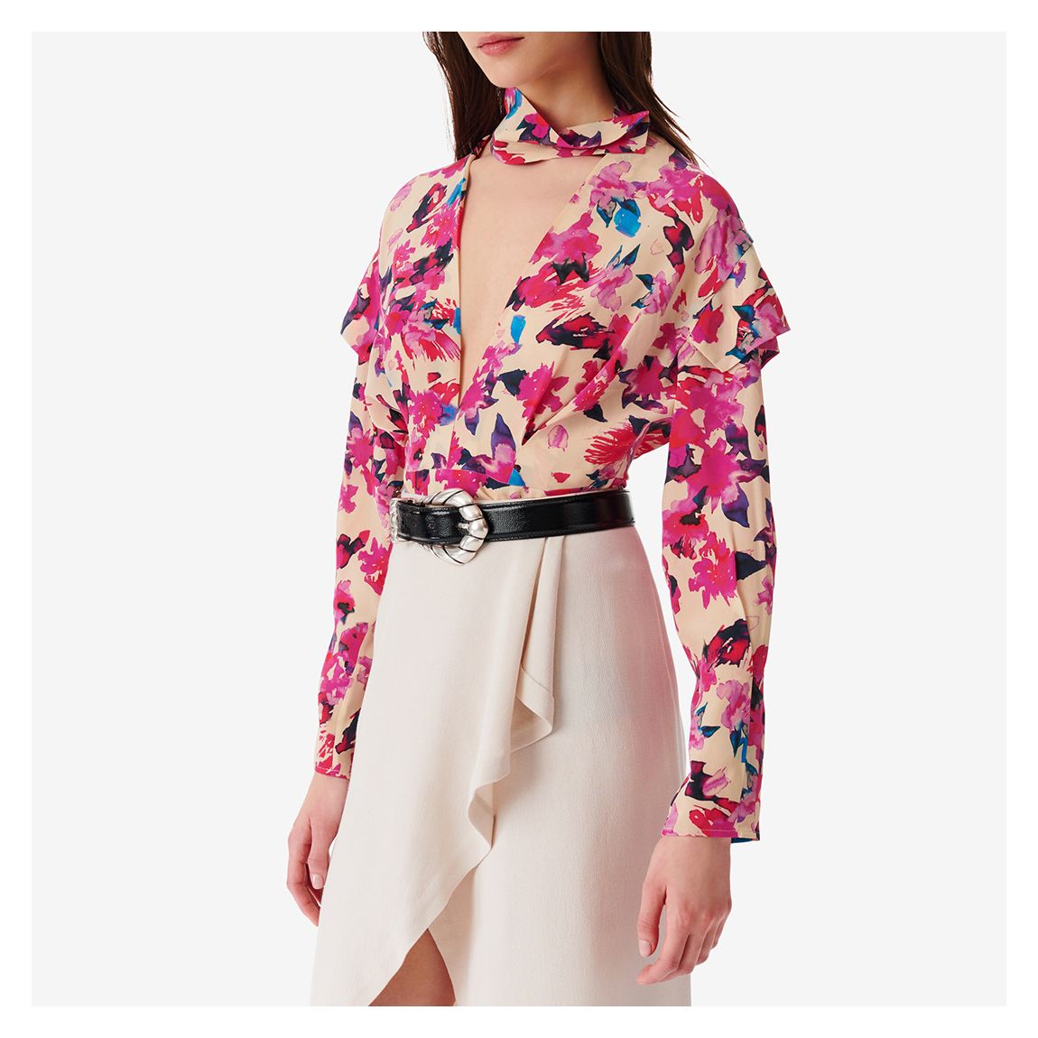 Apricot Printed V-Neck Ruffle Blouse main product photo