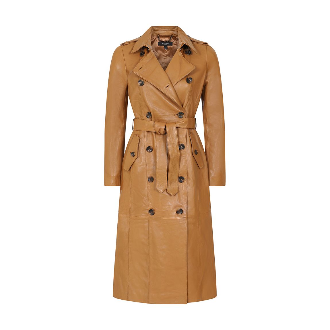 Tan Longline Leather Trench Coat main product photo