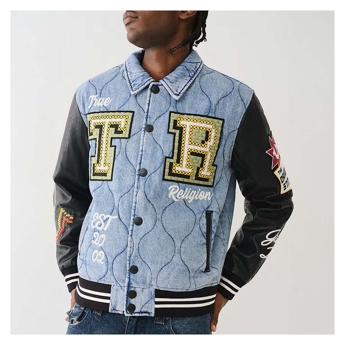 Blue Quilted Denim Varsity Jacket main product photo