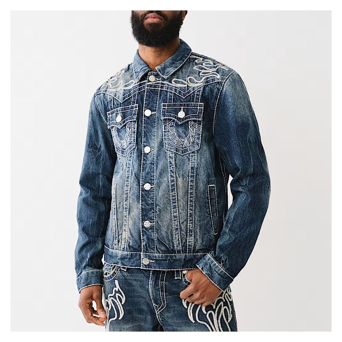 Washed Blue Big T Flame Trucker Jacket main product photo