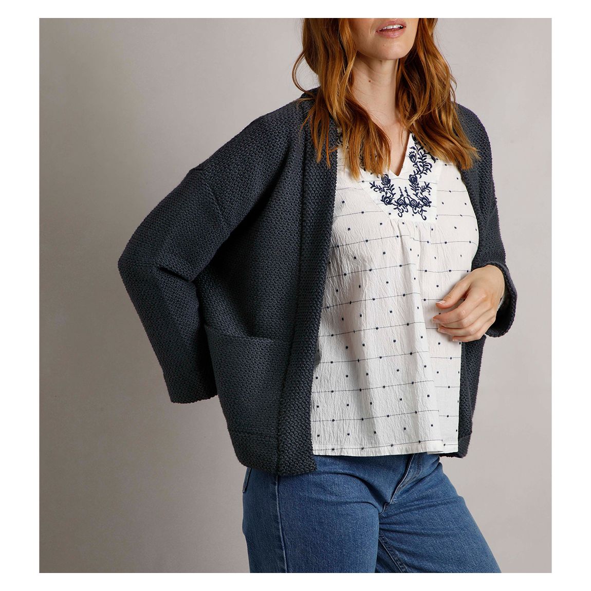 Navy Cropped Macaroni Cardigan main product photo