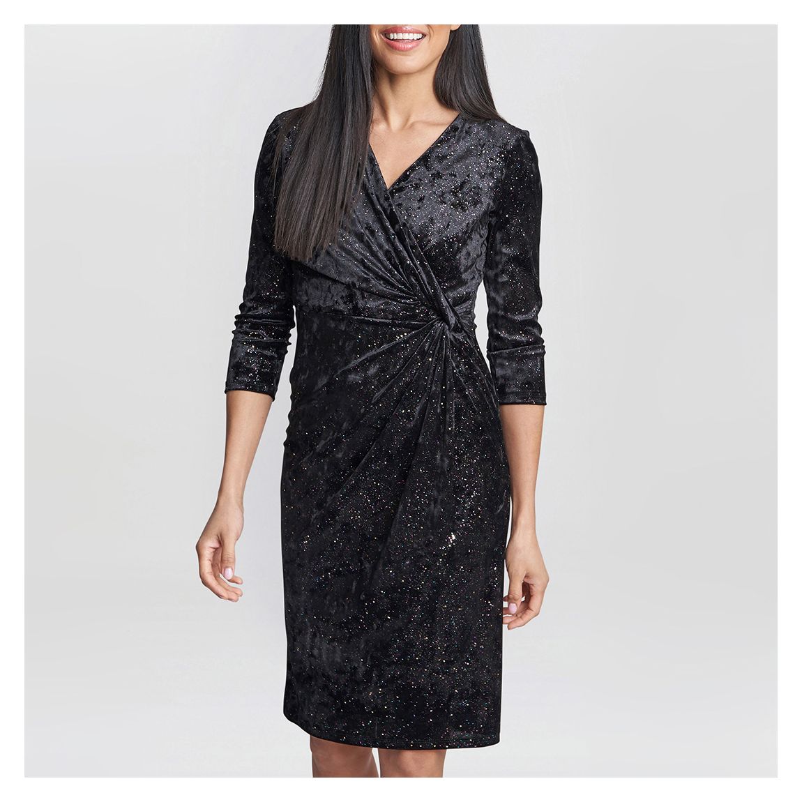 Charcoal Crushed Velvet Wrap Dress With Knot main product photo