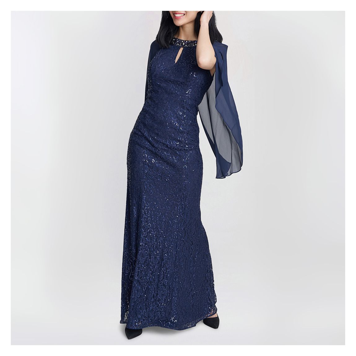 Navy Chiffon Sequin Lace Maxi Dress main product photo
