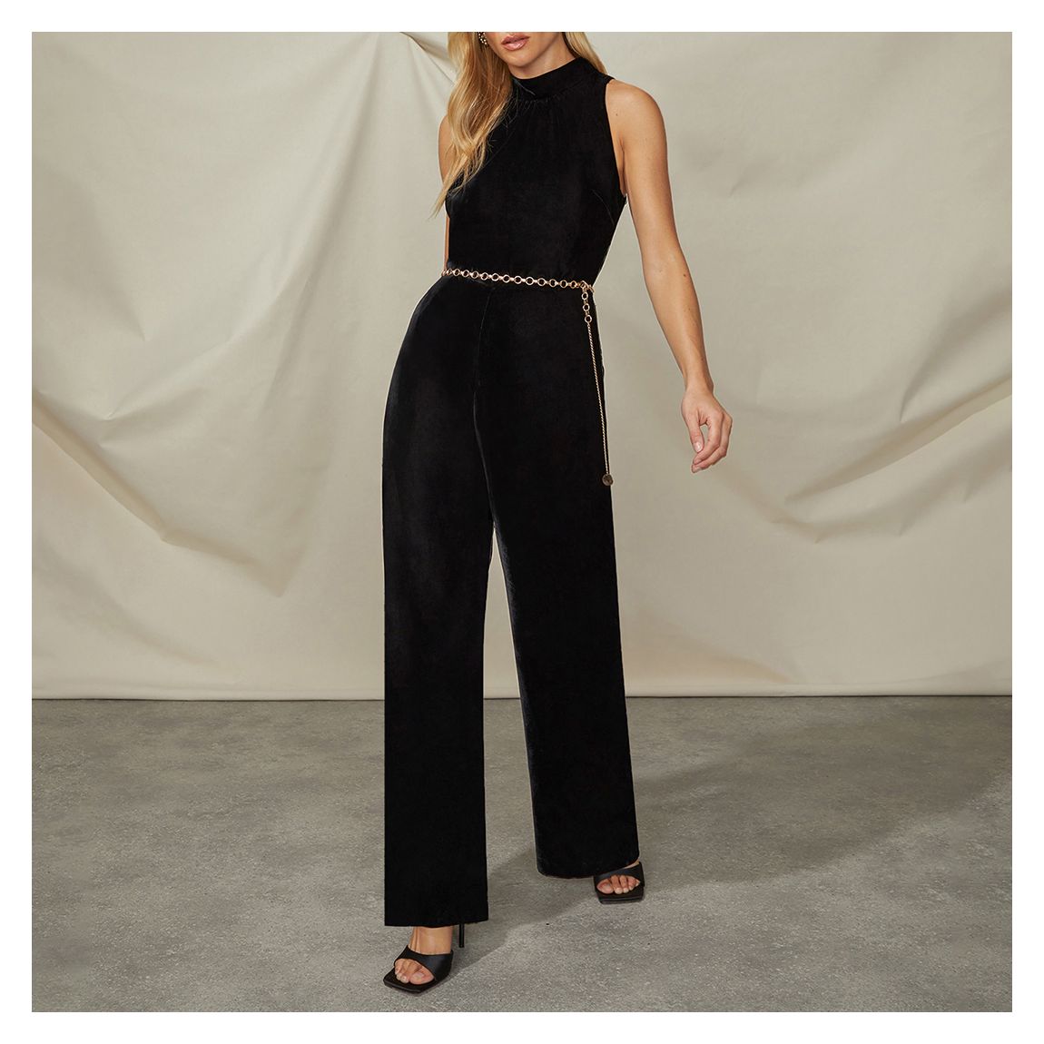 Petite Black Velvet High Neck Jumpsuit main product photo