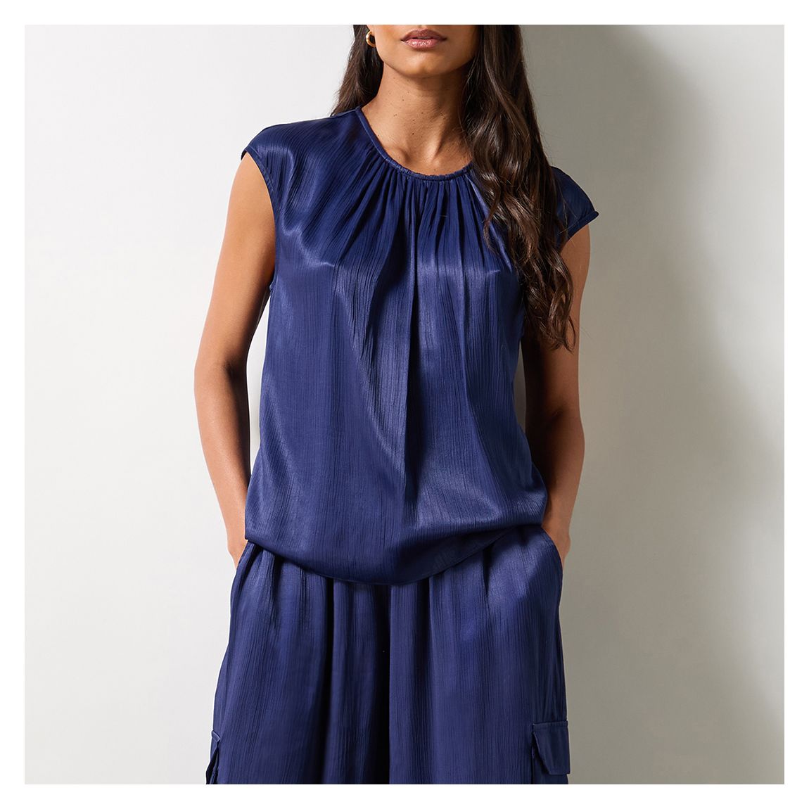 Navy Satin Gathered Front Top main product photo