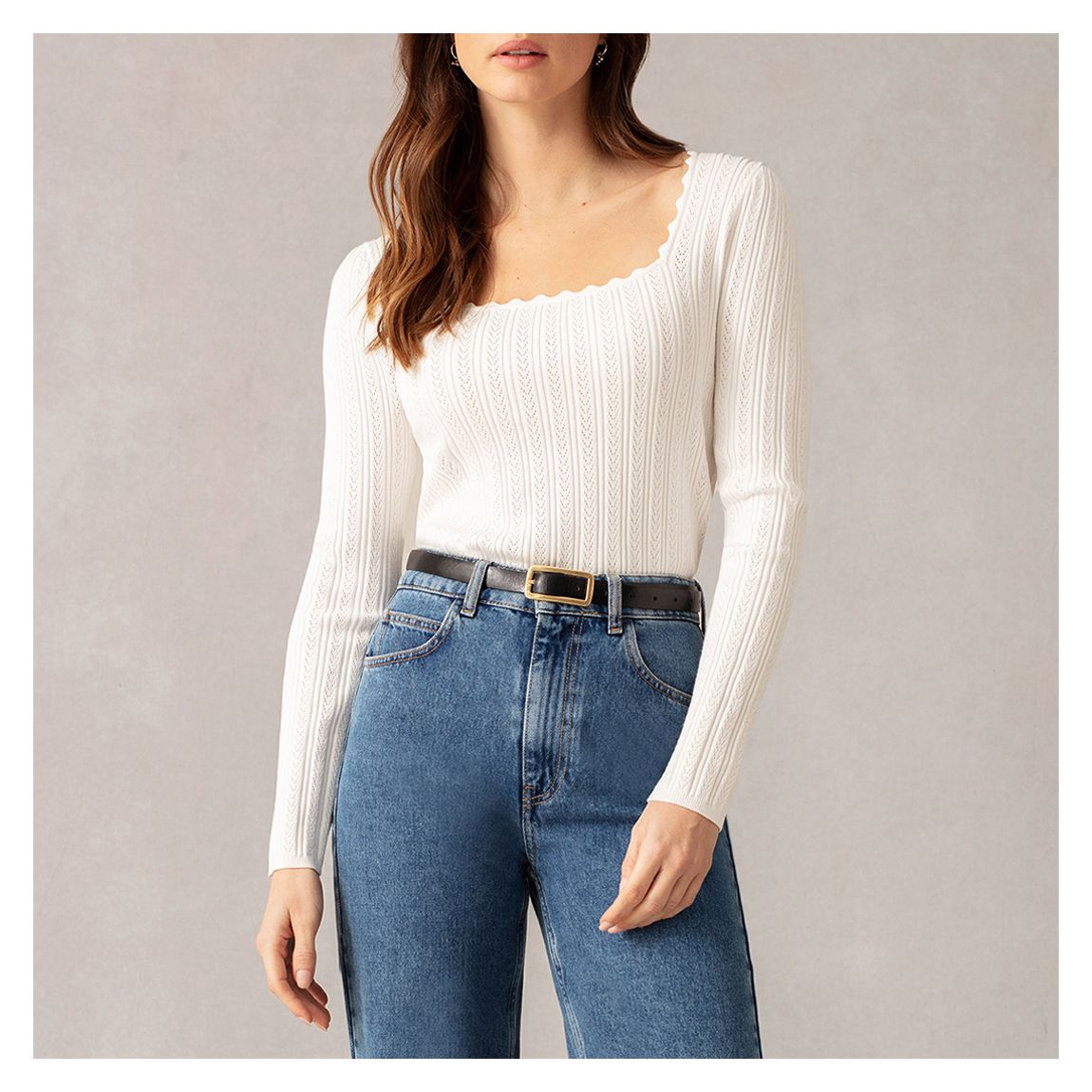 Cream Scallop Neck Knit Top main product photo