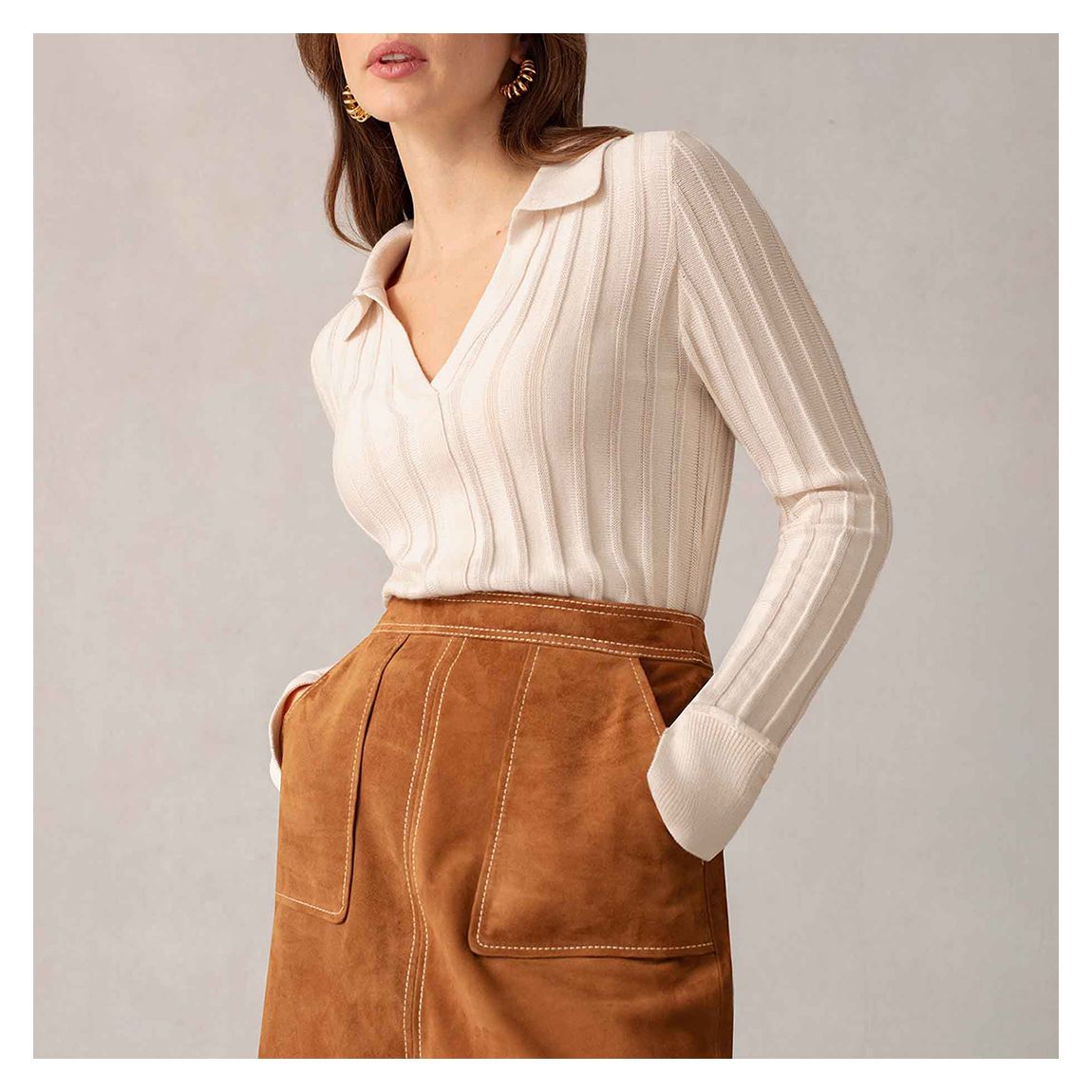 Cream Collared Ribbed Top main product photo