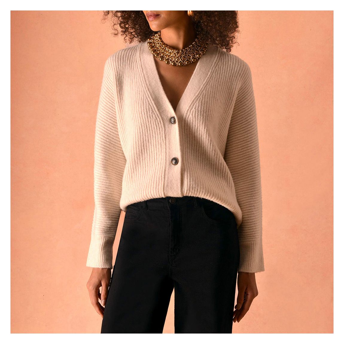 Beige Ribbed V-Neck Cardigan main product photo