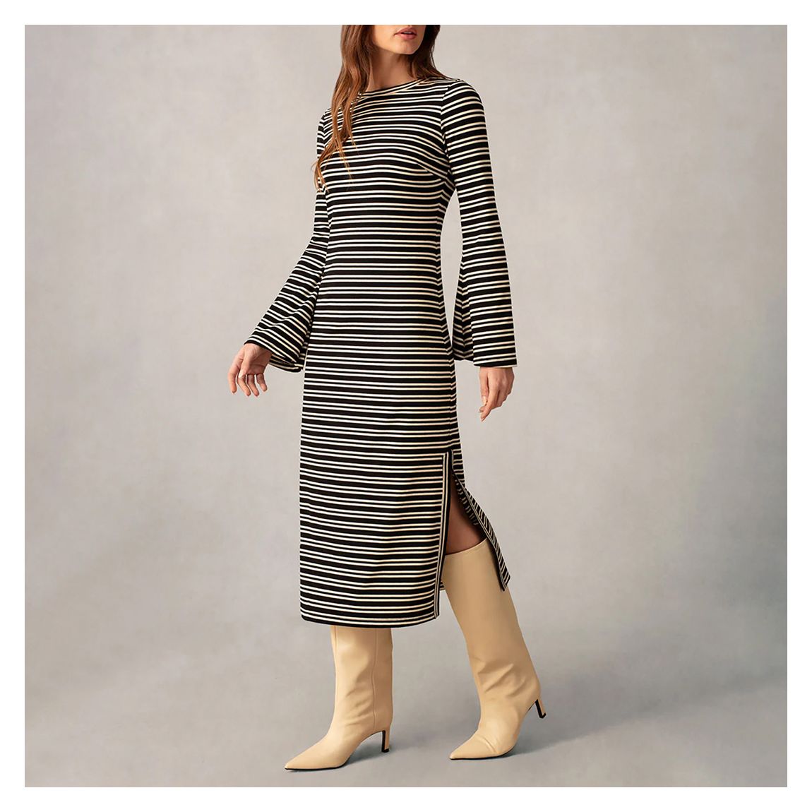 Black Printed Ribbed Midi Dress main product photo