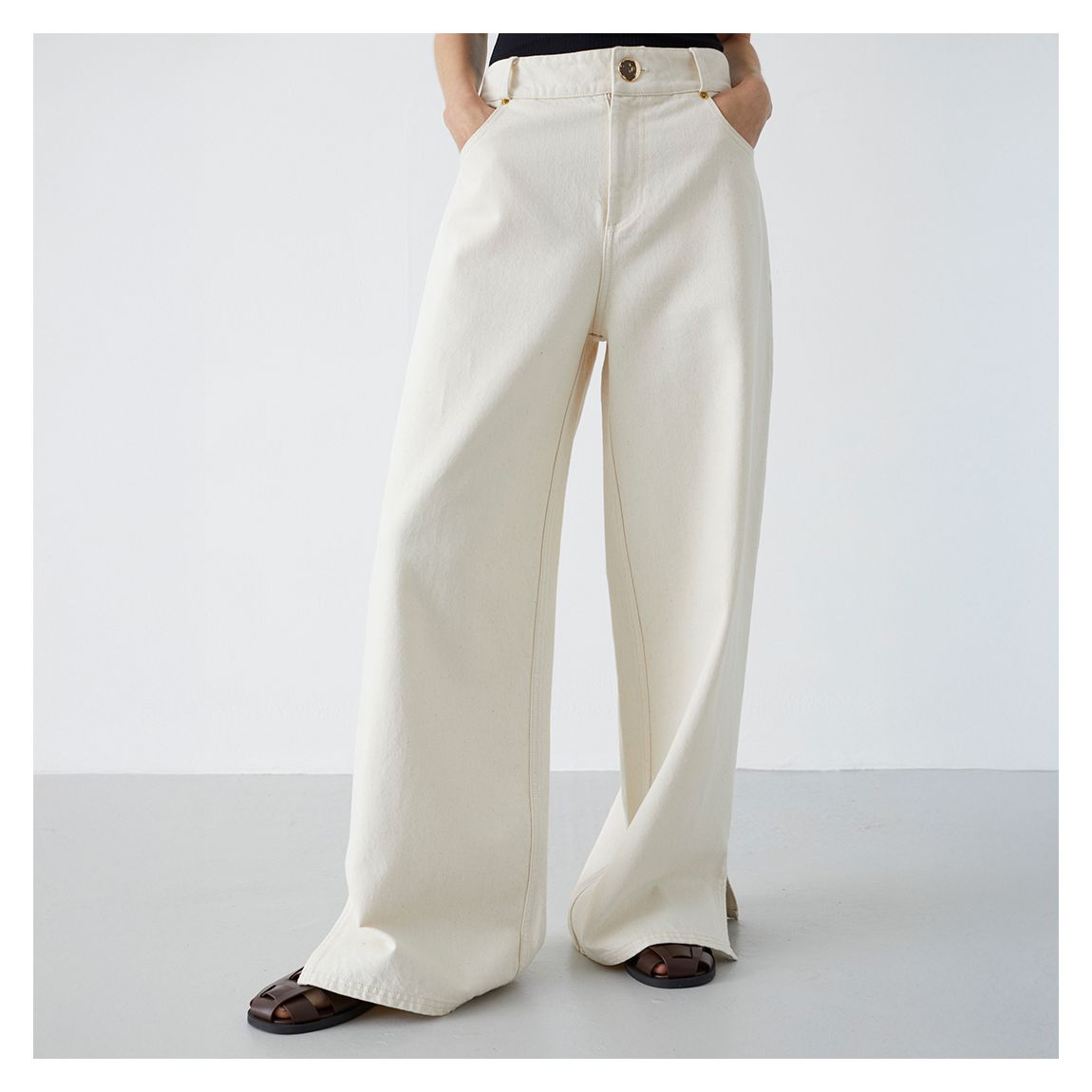 Ecru Mid Rise Wide Leg Jeans main product photo