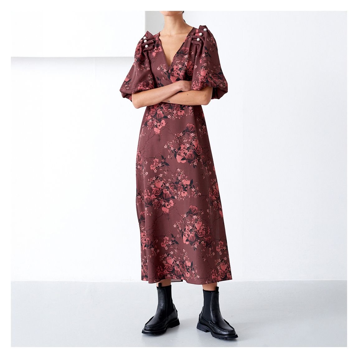 Burgundy Floral Pearl Midi Dress main product photo