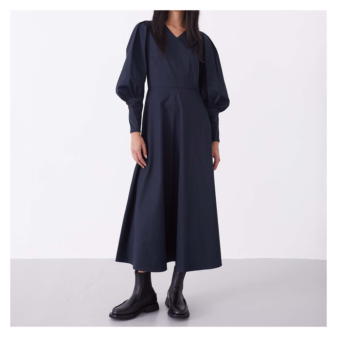 Navy High V-Neck Midi Dress main product photo