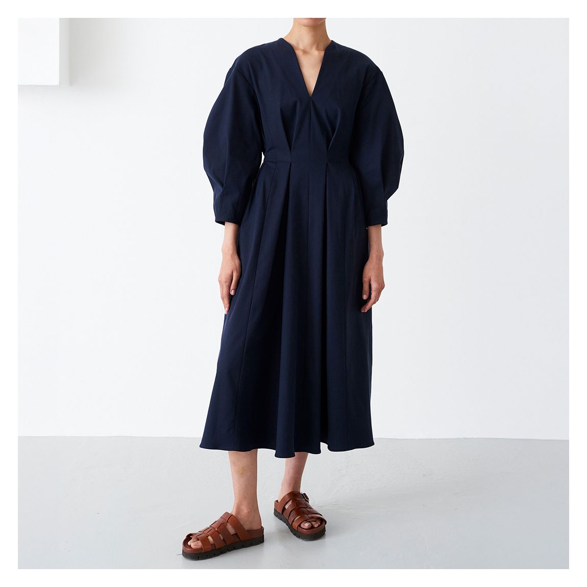 Navy Notched Neckline Midi Dress main product photo