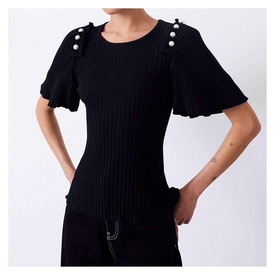 Black Flutter Sleeve Pearl Top main product photo