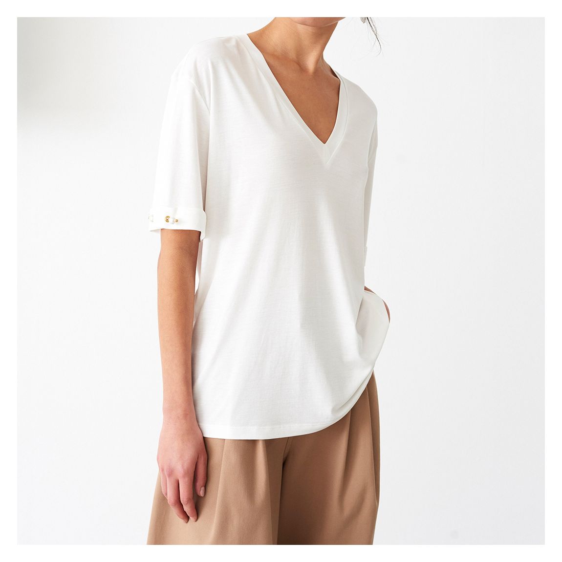 White V Neck Pearl Sleeve Blouse main product photo