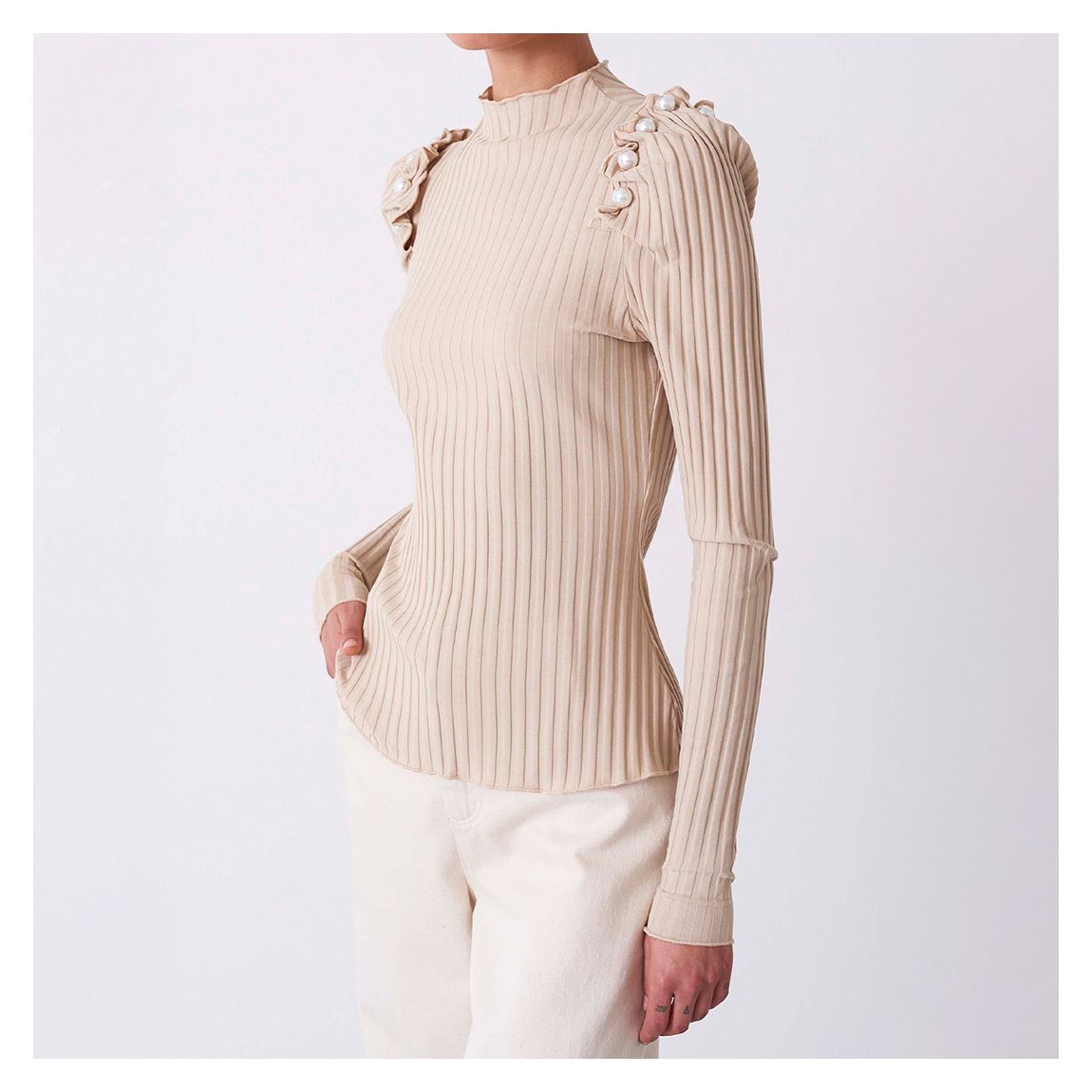 Beige Pearl Embellished Ribbed Top main product photo