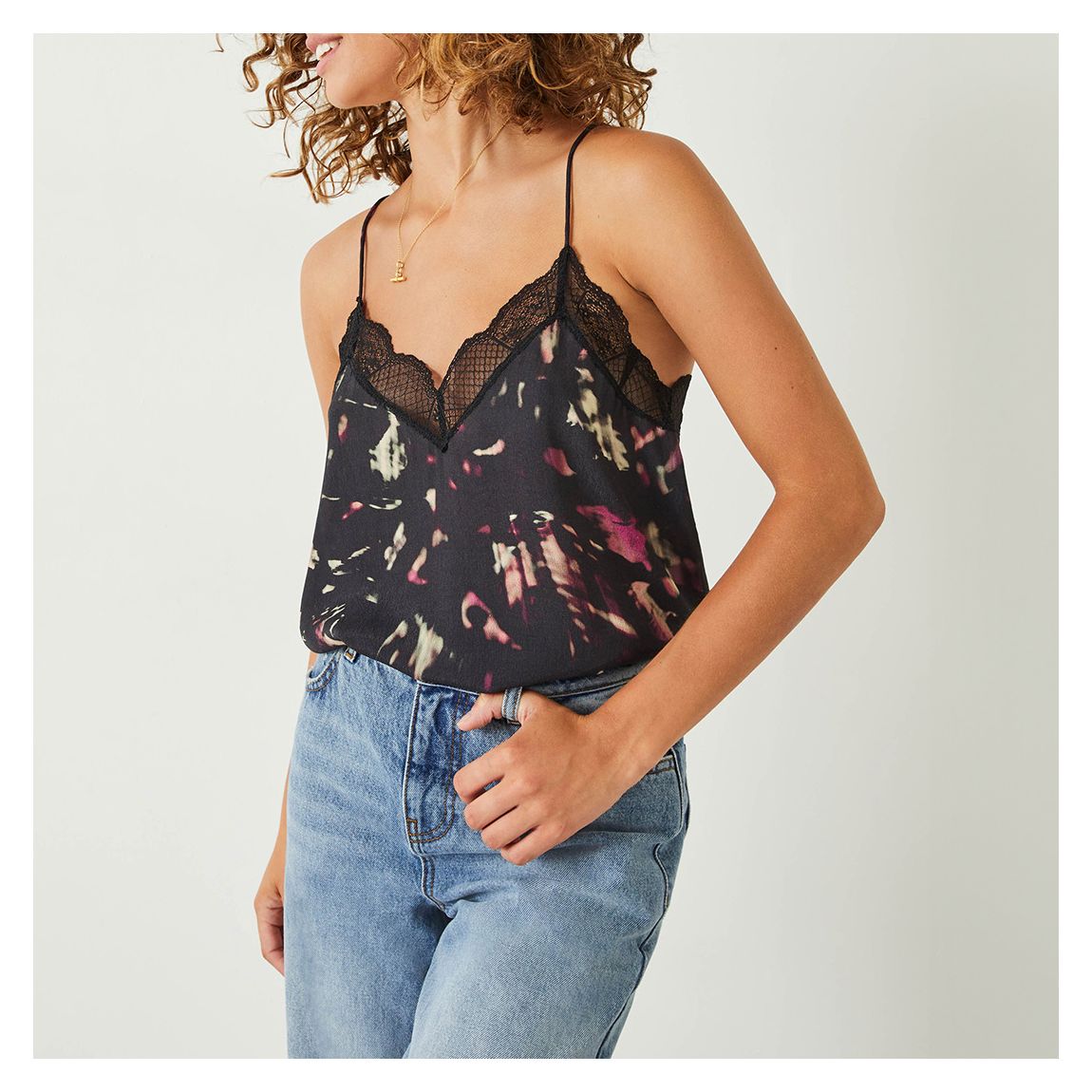 Black Printed Lace Trim Cami main product photo