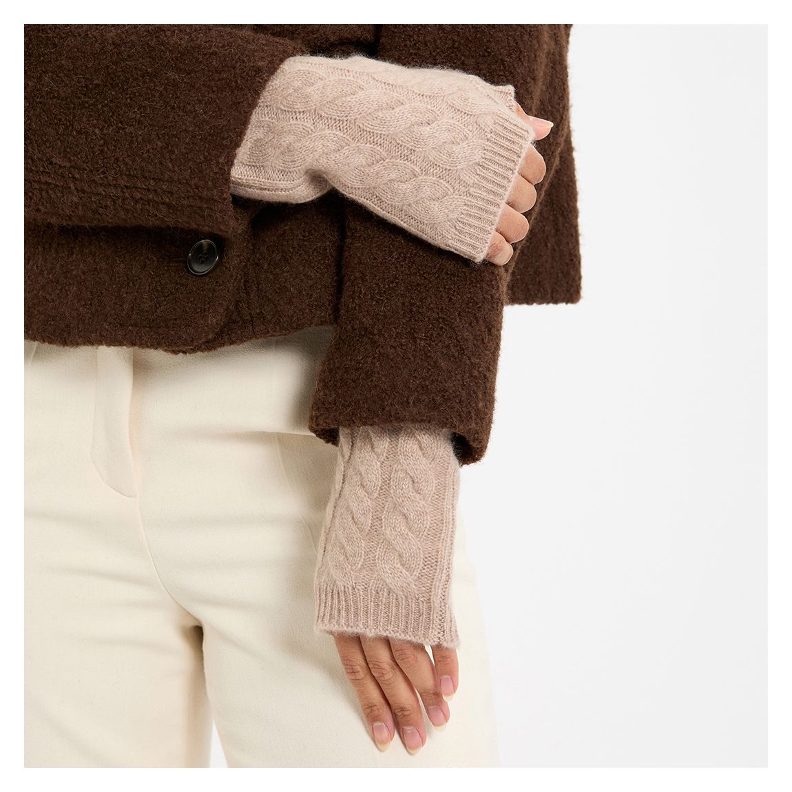 Natural Brown Cable Cashmere Fingerless Mittens main product photo
