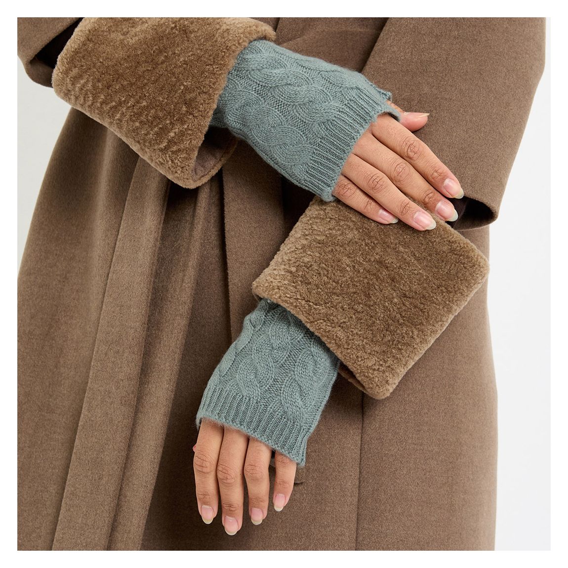 Khaki Cable Cashmere Fingerless Mittens main product photo