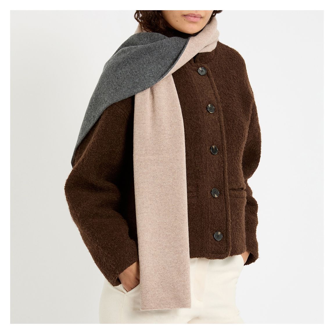 Derby Grey/Natural Brown Double Faced Cashmere Scarf main product photo