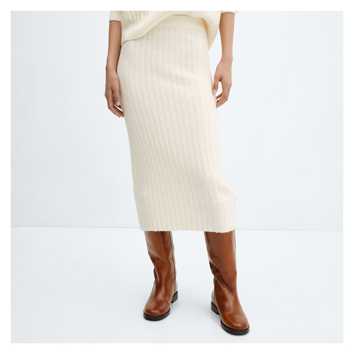Ecru Ribbed Knit Wool Blend Midi Skirt main product photo