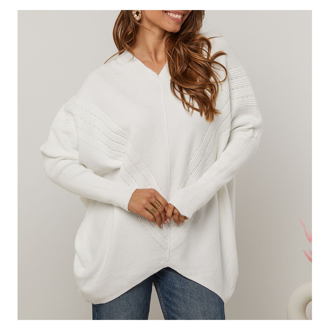White Textured Oversized Cashmere Blend Jumper main product photo