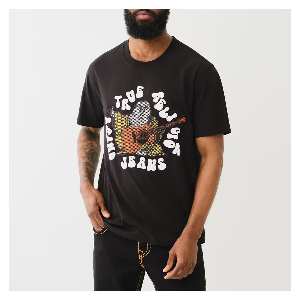 Black Cross Stitch Hippie Buddha Short Sleeve Cotton T-Shirt main product photo