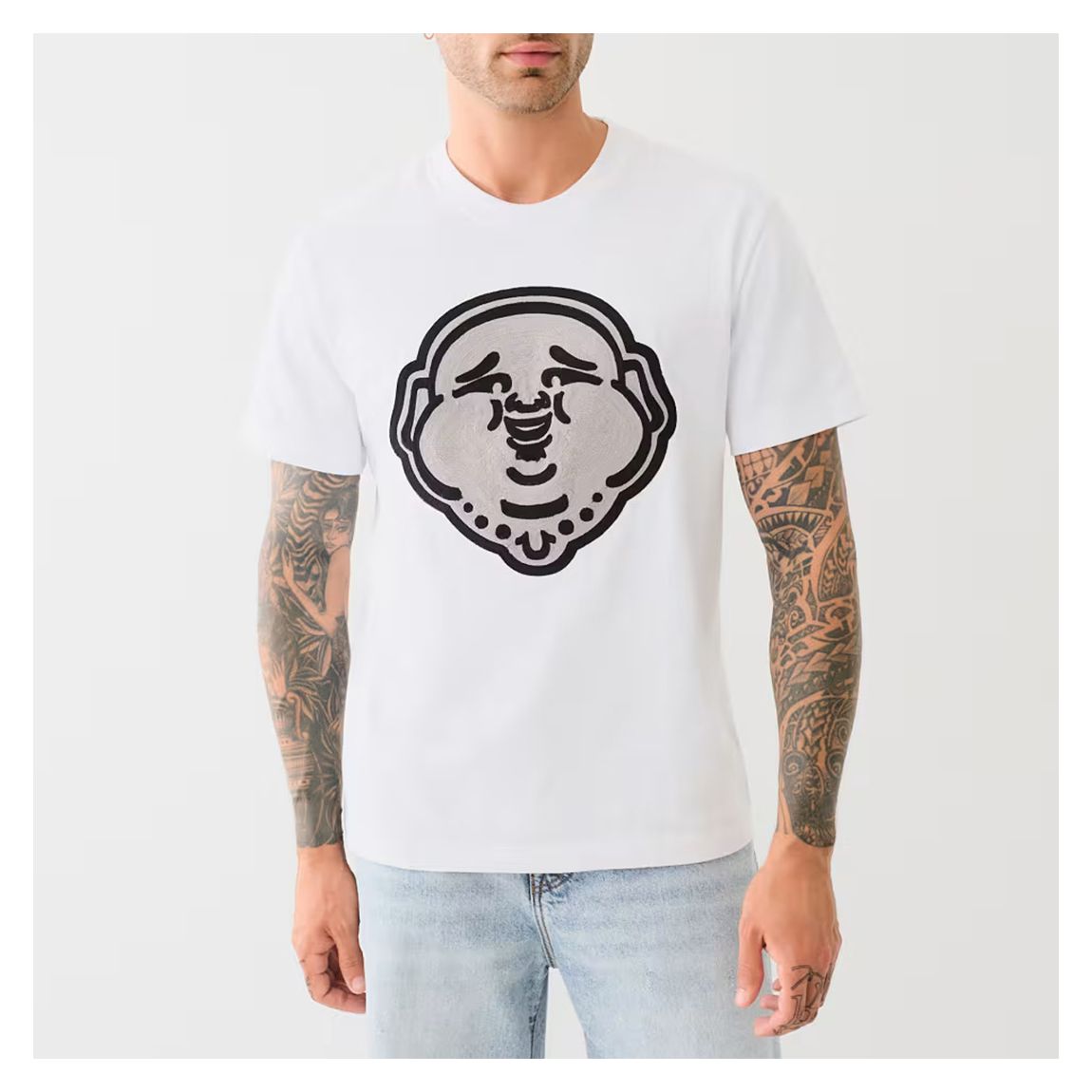 White Short Sleeve Buddha Face Cotton T-Shirt main product photo