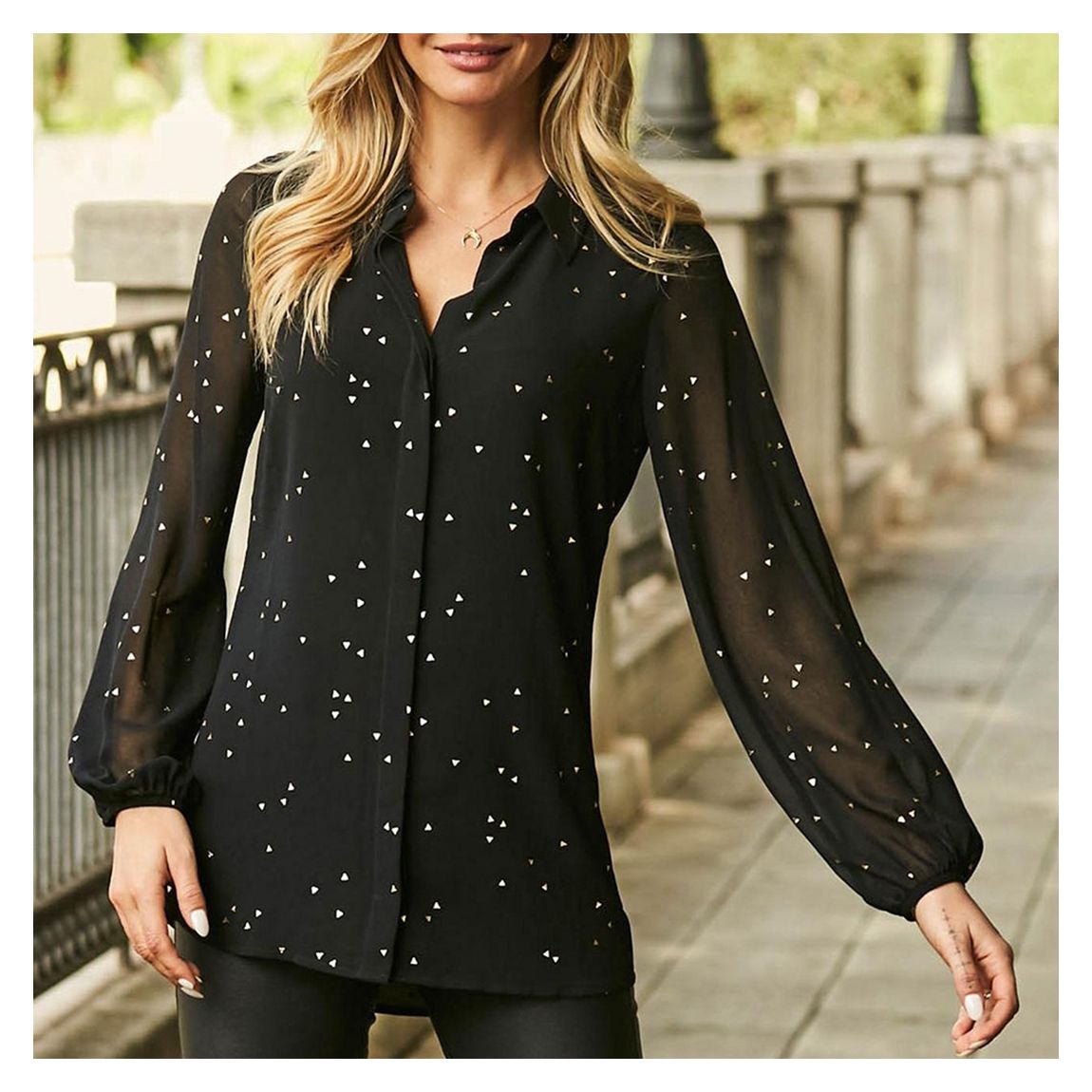 Black/Gold Geometric Print Blouson Sleeve Shirt main product photo