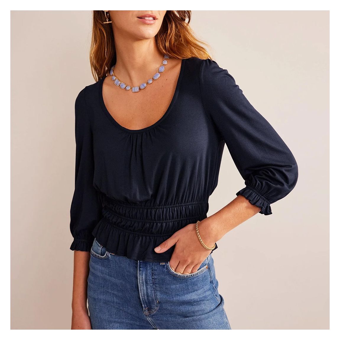 Navy Smocked Jersey Peplum Top main product photo