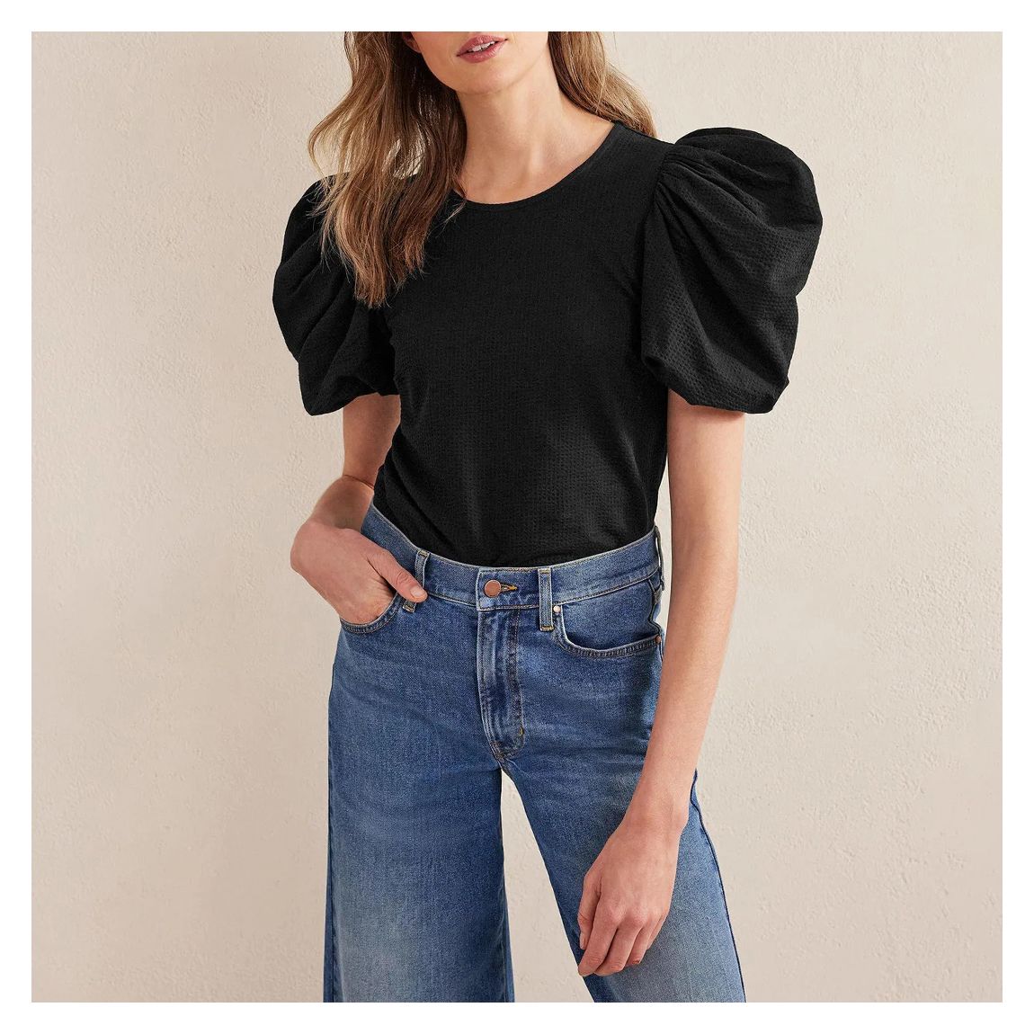 Black Puff Sleeve Jersey Top main product photo