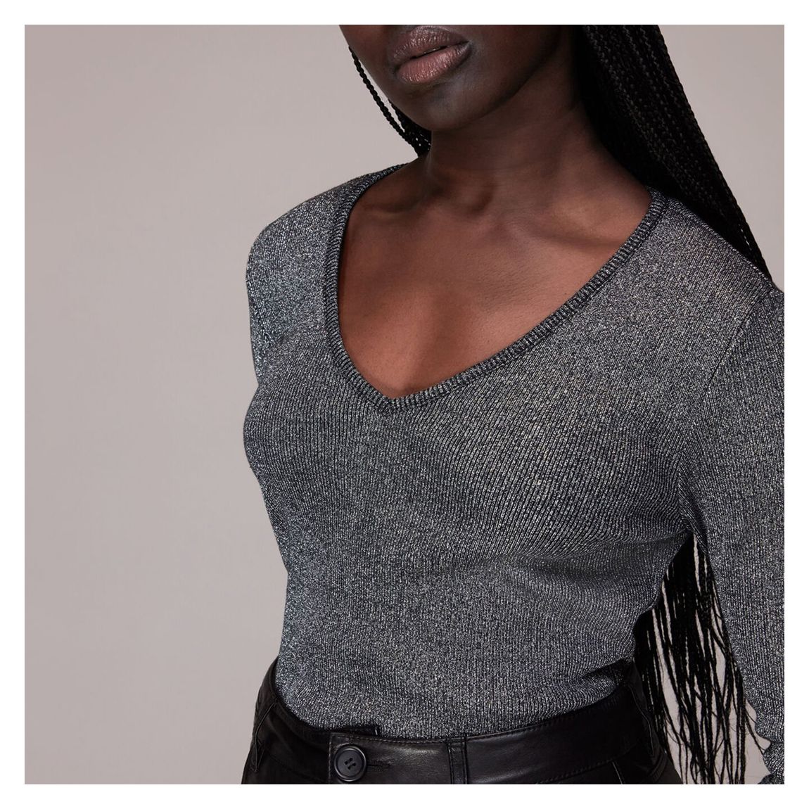 Grey Long Sleeve Sparkle V Neck Top main product photo