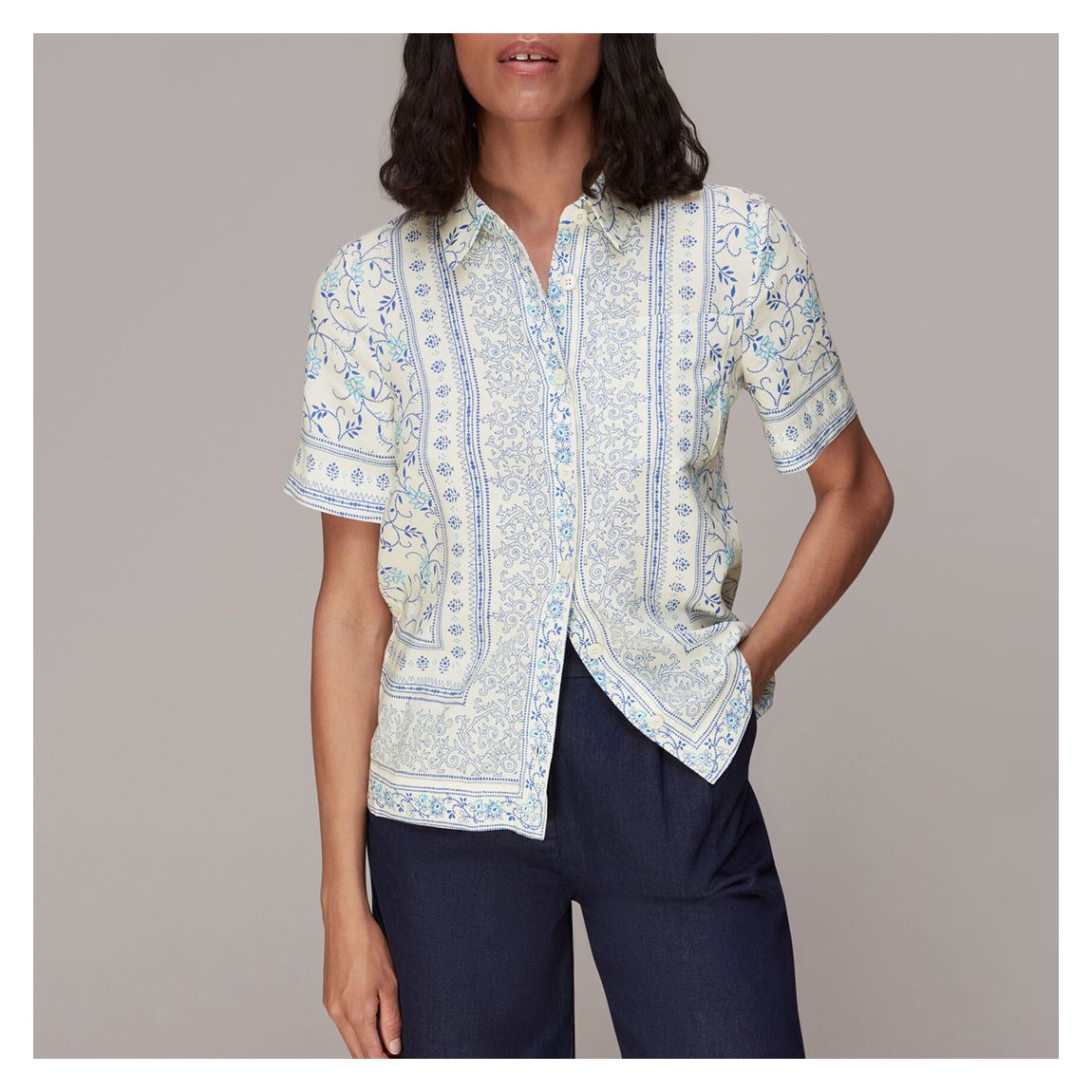 White Printed Linen Blend Bowling Shirt main product photo