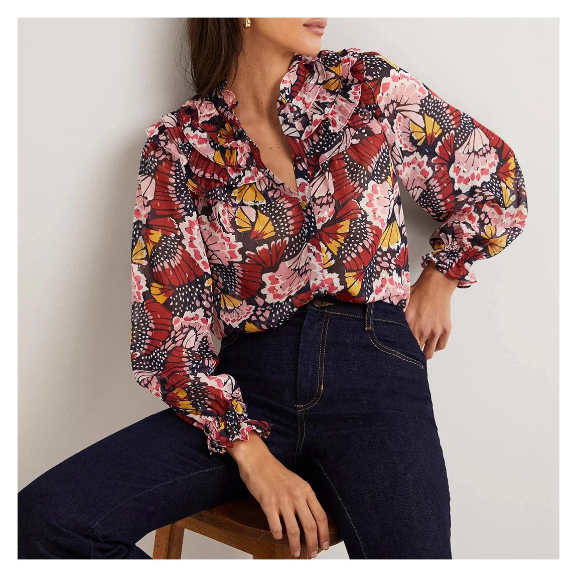 Petal Print Ruffle Neck Shirt main product photo