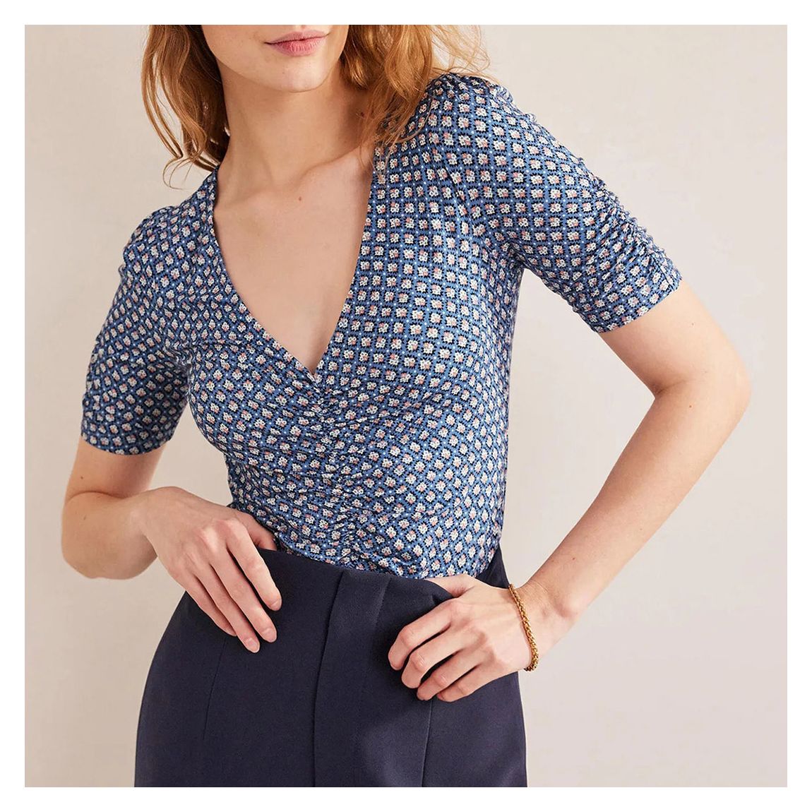 Blue Ruched Front Printed Top main product photo