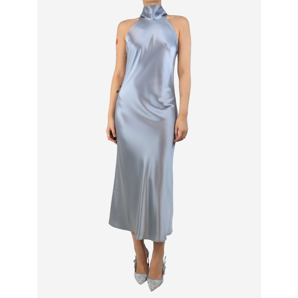 Steel blue satin maxi dress main product photo